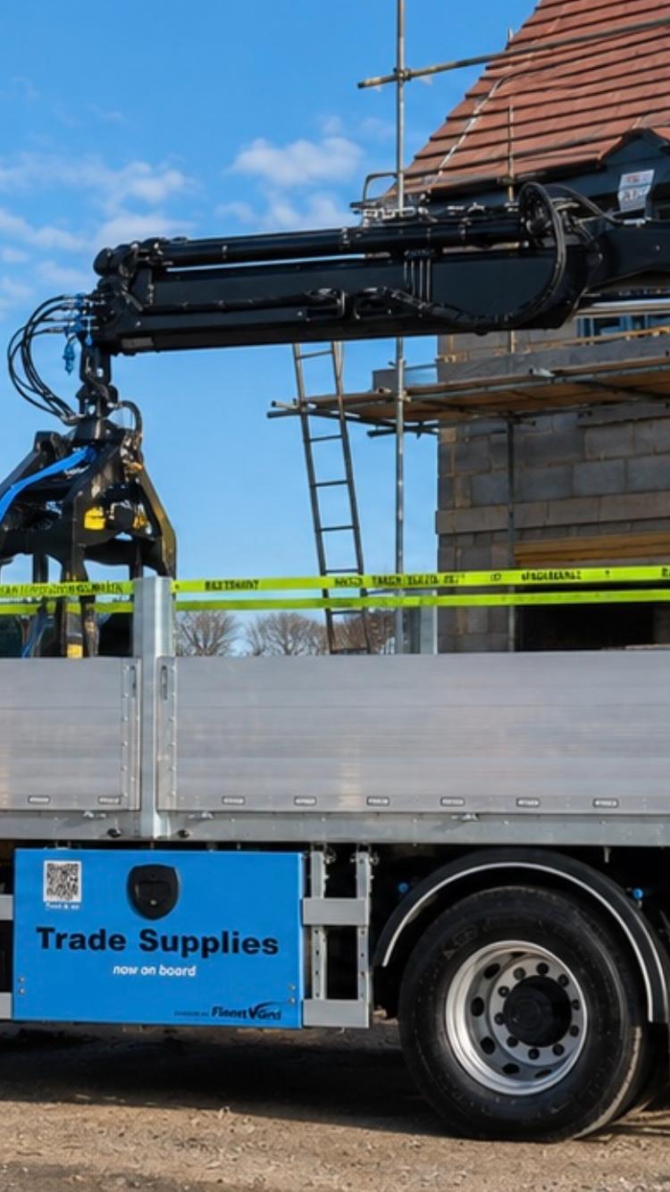 FleetVend-branded Trade Supplies cabinet mounted to a builders' merchant delivery truck on site